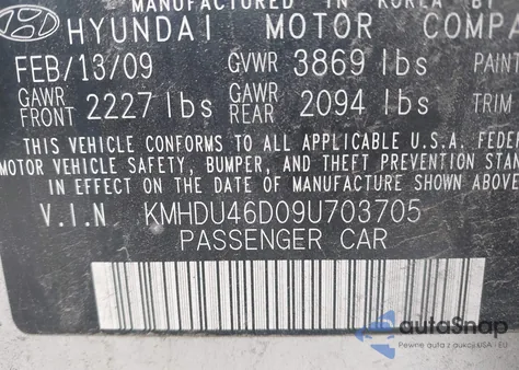 2009 Hyundai Elantra Gls из США, поврежденный, VIN KMHDU46D09U703705